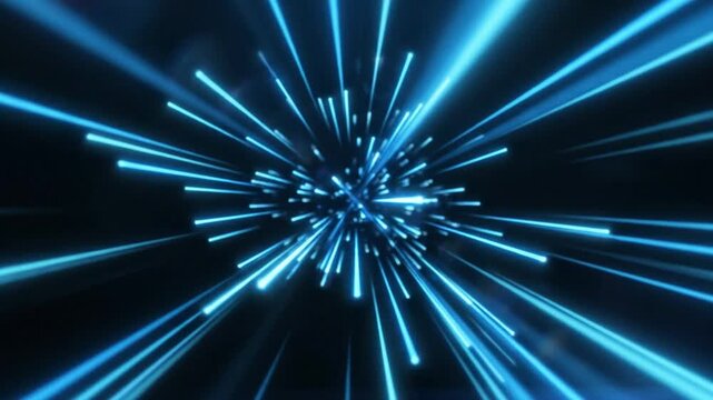 Abstract blue light speed motion graphic with radiant starburst and futuristic digital energy beams against dark background.