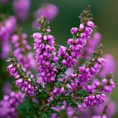 Obraz premium Close up macro of pink purple heather flowers blooming on green background