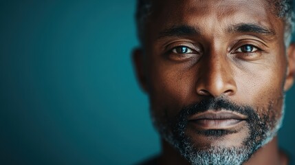 Obraz premium This intense close-up showcases a thoughtful mature man with a silver beard and warm eyes, embodying wisdom, strength, and introspection amidst a deep blue background.