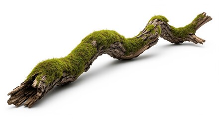 Obraz premium A curved fallen branch covered in bright green moss, showing natural decay and regrowth. The weathered wood has exposed dark bark beneath the soft moss coating. Ideal for nature and ecology projects.