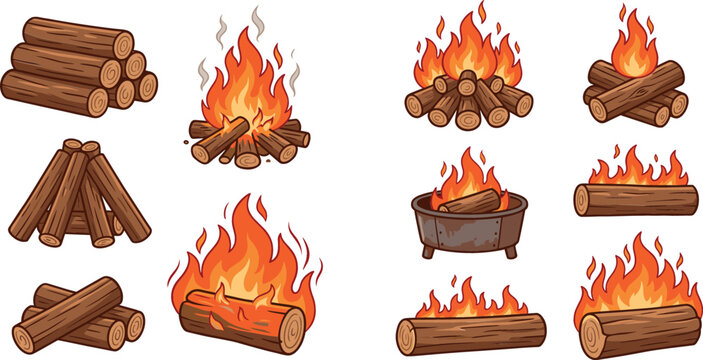 Campfire and firewood vector collection featuring burning bonfires, wooden log stacks, fire pits, camp fire flames, and outdoor camping elements on white background.