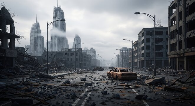 A post-apocalyptic cityscape with abandoned streets, rubble, and a destroyed car amid ruined buildings. Skyscrapers loom in the hazy background. Perfect for dystopian futures and disaster scenarios.