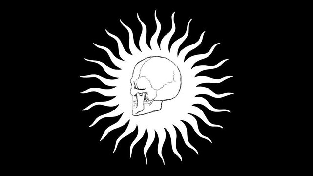 motion graphic of spining sketch hand-drawn doodle style of  skull inside simple white silhouette sun with black background. for vj or stage visual background 