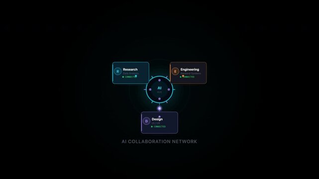 Ai collaboration network with research, engineering, and design modules. Ideal for technology, artificial intelligence, teamwork, and innovation concepts.
