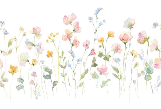 Watercolor Wildflower Border Seamless Pattern with Sweet Peas and Forget Me Nots. Delicate Pastel Floral Meadow for Nursery Wallpaper, Fabric and Cottage Core Design.