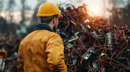 Obraz premium A worker in a safety helmet inspects a large pile of scrap metal and tangled wires, symbolizing industrial efforts and recycling practices in a modern environment.