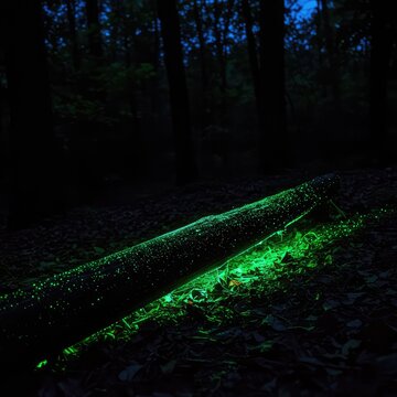 Ethereal green light illuminates decaying wood on a dark forest floor, showcasing the phenomenon of natural bioluminescence after sunset ,stump ,wood decay ,ethereal