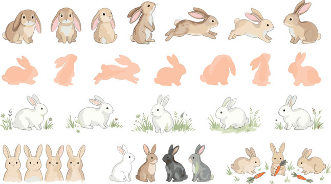 Cute bunny and rabbit character illustration set featuring various poses running eating carrots and silhouettes isolated on white background vector design collection.
