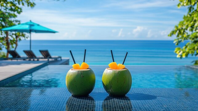 Two fresh coconuts with orange slices and straws on a poolside ledge, overlooking a tropical ocean resort with lounge chairs and turquoise umbrella, relaxed, luxurious vacation vibe, travel promotion