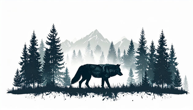 Lone wolf silhouette in forest scene