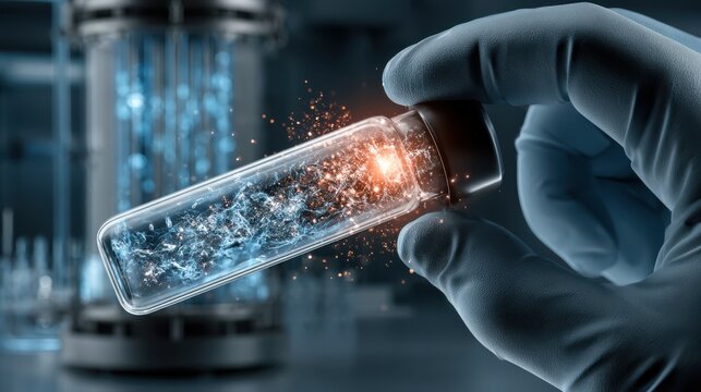 A vial containing stem cell solution is held up against a light source, highlighting its clarity and scientific significance in medical research and biotechnology.