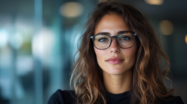 A close-up portrait of a stylish young woman wearing glasses, showcasing her confidence and charisma against a softly blurred modern background.