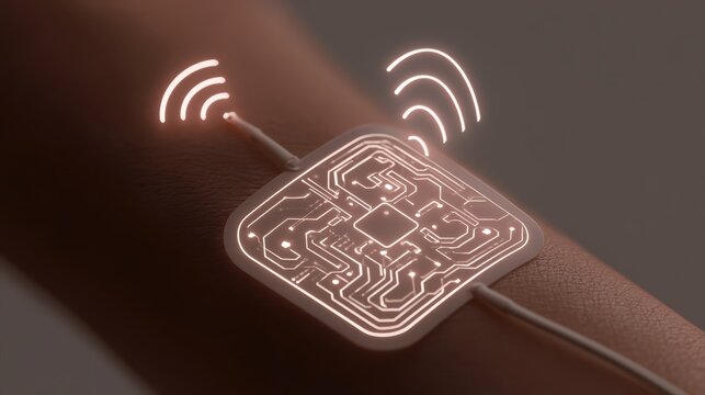 A wearable glucose monitor patch featuring a flexible circuit design for continuous blood sugar tracking in diabetes management and health monitoring applications.