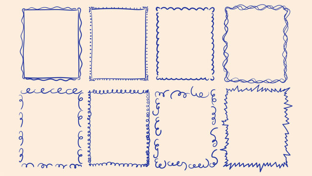 Vector set of hand drawn rectangle frames with blue ink outlines. Minimalist border doodles collection isolated on background for social media templates wedding invitations and stationery design.