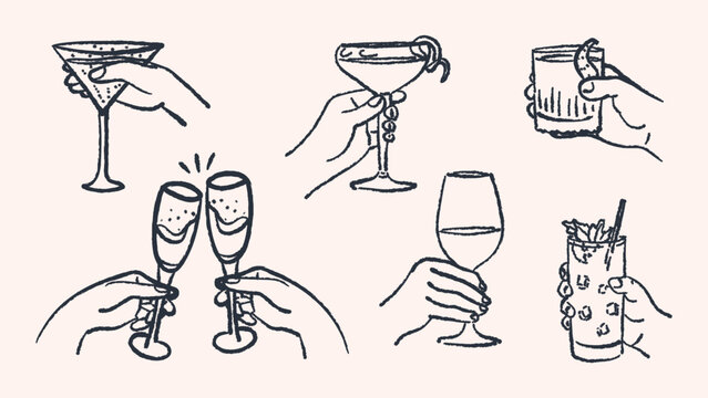 Vector set of hand drawn human hands holding different alcohol cocktails and glasses with textured charcoal outlines. Minimalist doodle collection for bar menu party invitations and celebration design