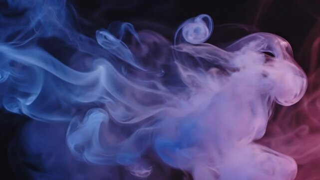 Abstract swirling vapor with vibrant blue, purple, and pink hues flowing elegantly against a dark backdrop