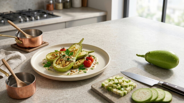 Roasted Green Eggplant with Tahini Sauce on Bright Kitchen Counter