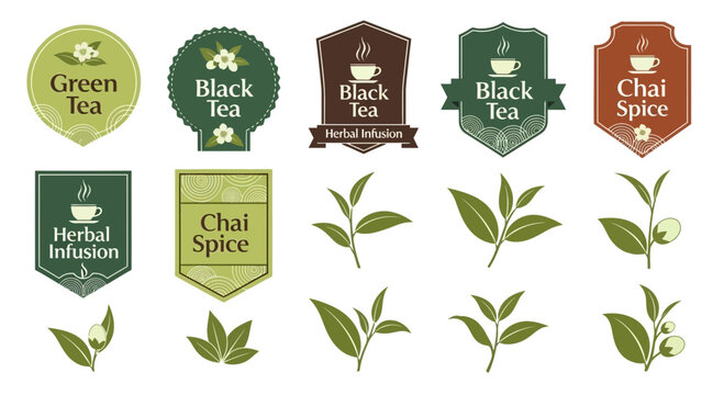 Set of tea labels and green tea leaves, symbolizing herbal drinks and nature's freshness