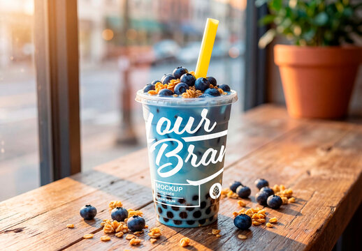 Blueberry bubble milk tea drink with granola on table