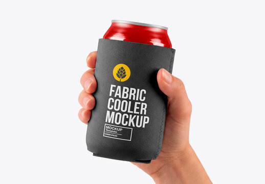 Hand holding blank can cooler mockup