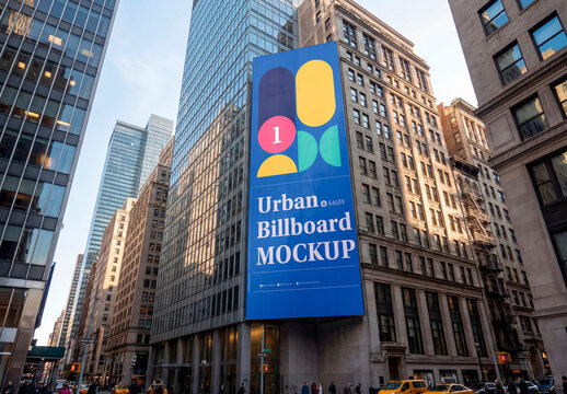 Giant vertical building billboard mockup in downtown city