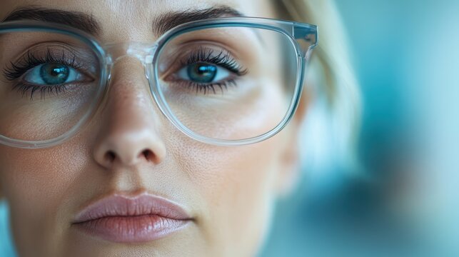 A striking close-up portrait of an elegant woman wearing clear glasses, showcasing her captivating eyes and poised expression against a bright, soft background.