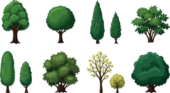 Green tree and bush vector collection featuring various garden plants, cypress trees, oak shrubs, forest foliage, and landscape vegetation elements on white background.