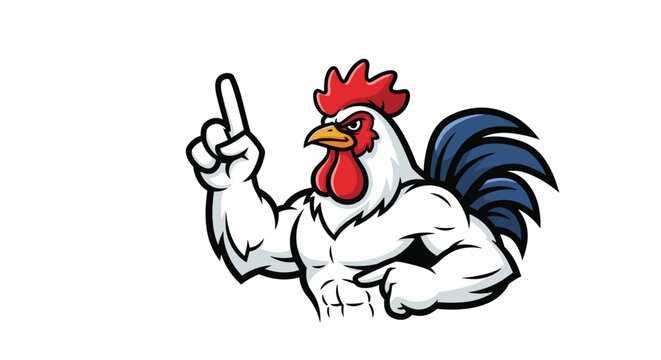 Strong and muscular rooster character points its wing upward with a determined expression, serving as a powerful mascot or symbol.