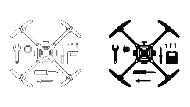 Drone components and tools vector illustration with isometric parts and accessories
