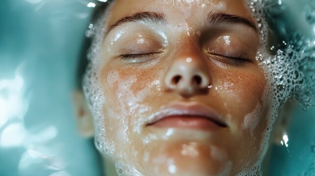 A serene close-up of a woman enjoying a rejuvenating skin treatment, with her face submerged in soothing water and bubbles, representing relaxation and self-care.