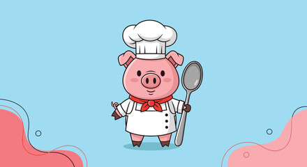 Naklejka premium Adorable pig character dressed as a professional chef wearing a white hat and coat holds a large silver spoon on a blue background.