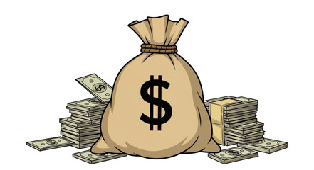 Bag of Money with Stacks of Cash Illustration. © Andra