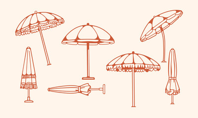 Beach Umbrellas Set. Decorative beach umbrella set with classic parasols and folded umbrellas in clean line art style, ideal for coastal vacation graphics and summer leisure themes © Liudmila