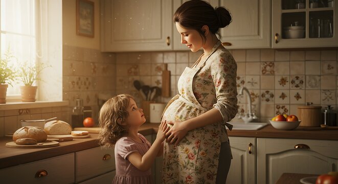 Mulher gr&aacute;vida e crian&ccedil;a em uma cozinha, olhando para a barriga dela.