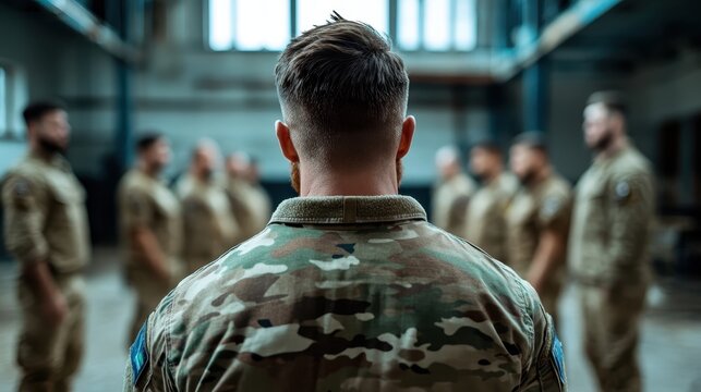 A powerful image showing a soldier in camouflage uniform leading a formation of fellow soldiers, emphasizing themes of discipline, unity, and military camaraderie for stock photography.
