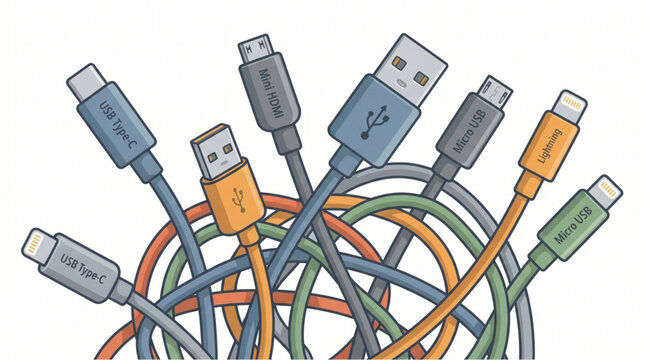 Bunch of colorful USB cables tangled together.