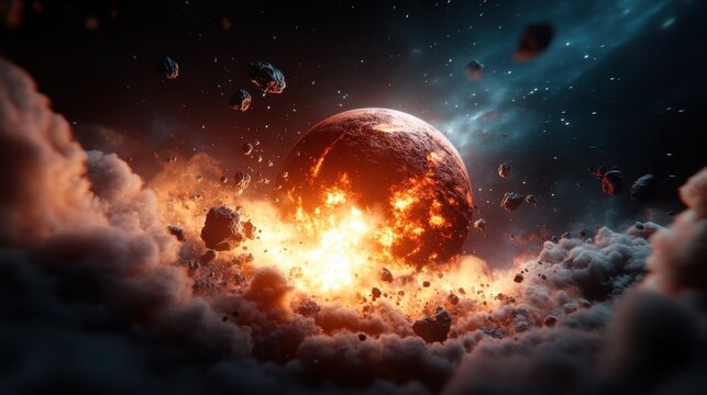 This captivating image displays a fiery planet exploding amidst a backdrop of asteroids and clouds, creating a dramatic celestial scene that evokes awe and wonder about the universe.