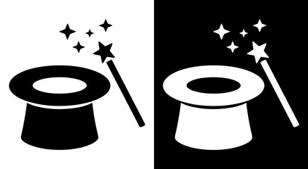 Minimalist graphic icon of a magician top hat with a magic wand and glittering star sparkles © Mostofa art