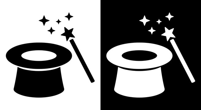 Minimalist graphic icon of a magician top hat with a magic wand and glittering star sparkles