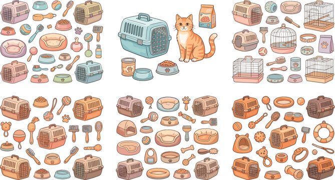 Pet supply vector collection featuring plastic pet carriers, cat food bowls, cozy animal beds, grooming brushes, toys, and care accessories on white background.