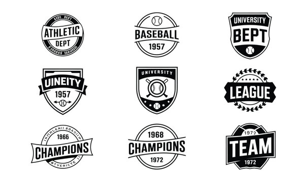 University athletic departments typography logos with vector baseball shield emblems for apparel
