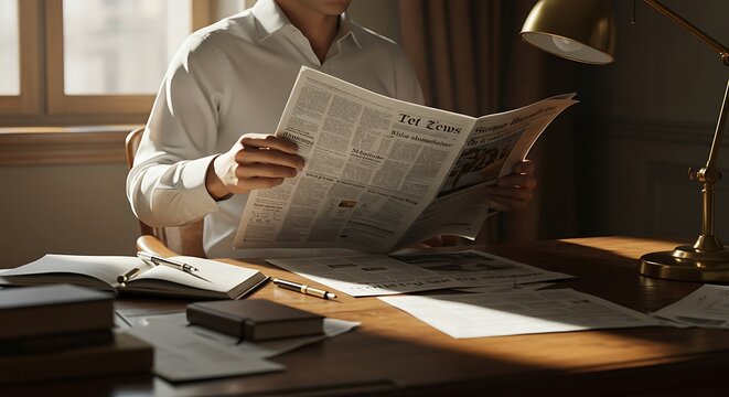 Uma pessoa l&ecirc; jornal em uma escrivaninha sob uma l&acirc;mpada em um quarto pouco iluminado.