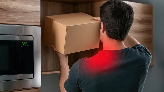 Man experiencing shoulder pain while reaching for a box on kitchen shelf