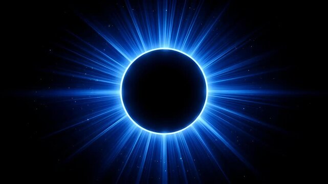Solar Eclipse Blue Glow Dark Circle in Outer Space with Sun Corona, Radiant Light, Celestial Event, Astronomy Image, Black Background, Dramatic Light