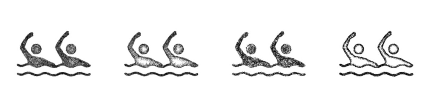 Sketch black and white synchronized swimming icon design set