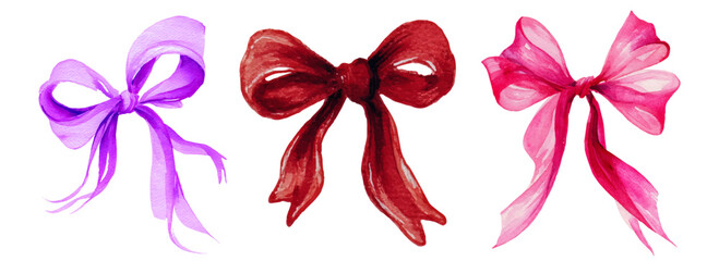 Fototapeta premium Watercolor collection featuring various festive bows in shades of purple, red, and fuchsia pink, hand painted for celebration, decoration, and gifting presents