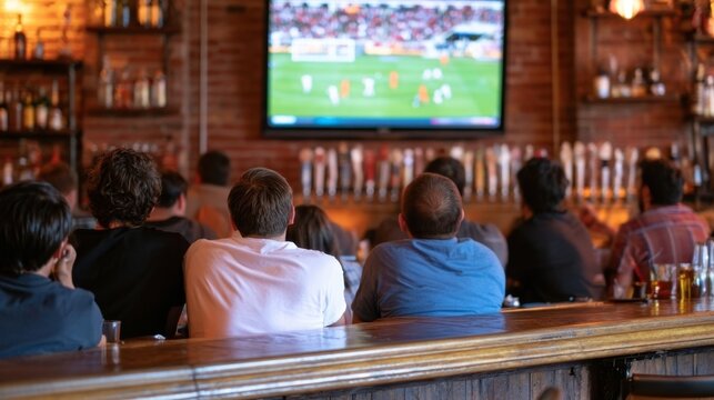 Group of men watching live sports game on television in cozy bar interior
