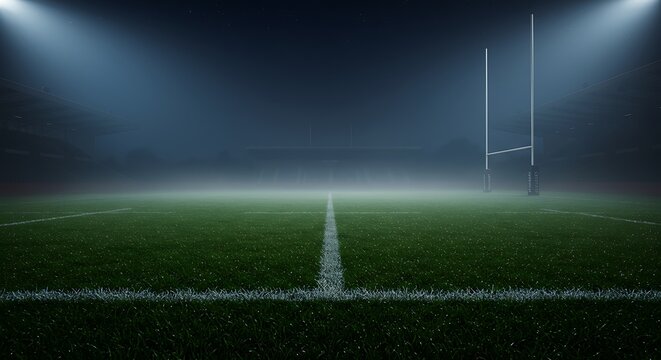 Campo de rugby &agrave; noite com refletores e traves em meio &agrave; neblina.