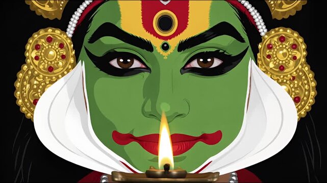Closeup portrait of a kathakali dancer with traditional makeup
