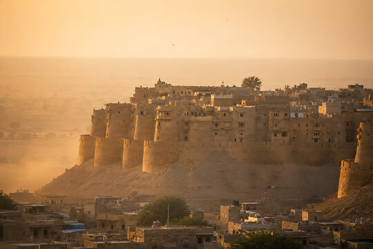 Realistic Jaisalmer Fort emerging from desert dust haze